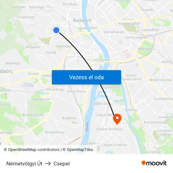 Németvölgyi Út to Csepel map