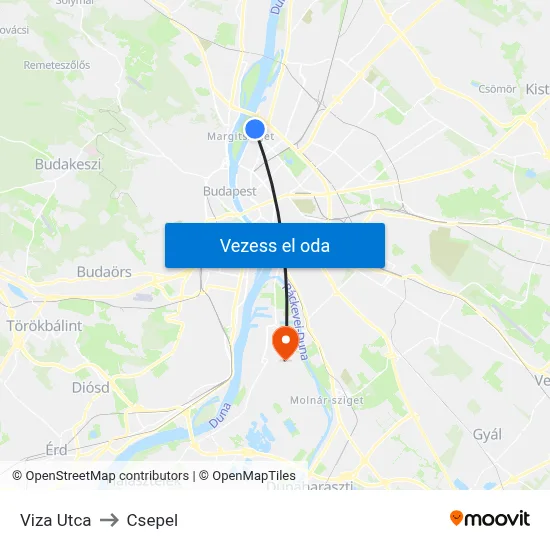 Viza Utca to Csepel map