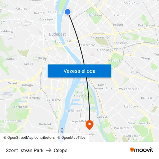 Szent István Park to Csepel map