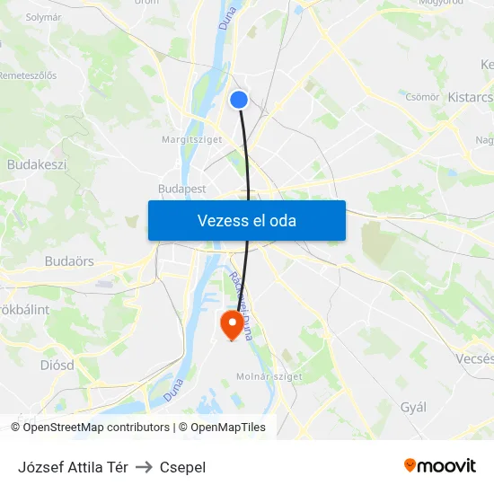 József Attila Tér to Csepel map