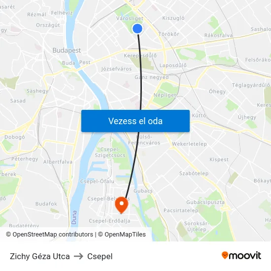 Zichy Géza Utca to Csepel map