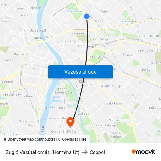 Zugló Vasútállomás (Hermina Út) to Csepel map