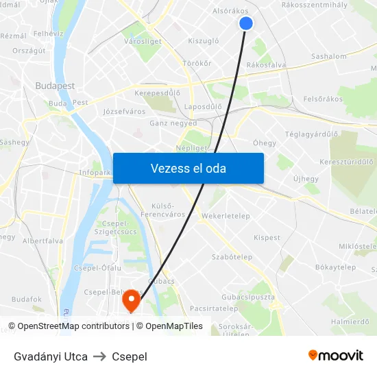 Gvadányi Utca to Csepel map