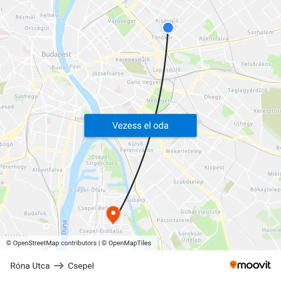 Róna Utca to Csepel map