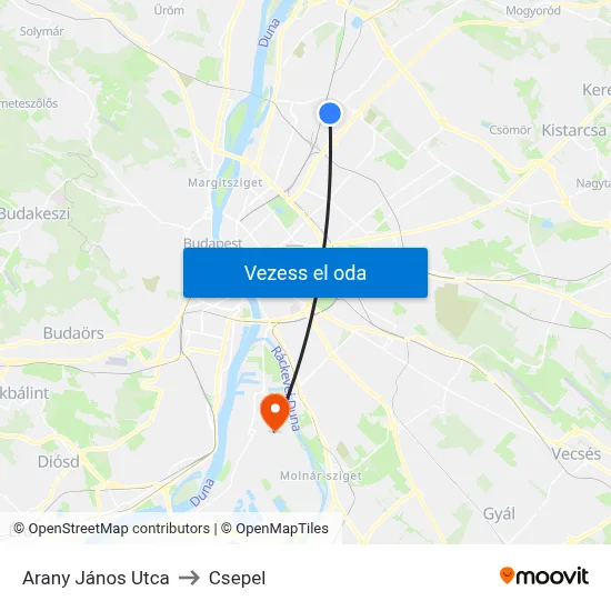 Arany János Utca to Csepel map