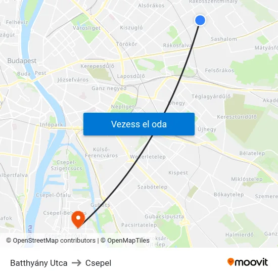 Batthyány Utca to Csepel map