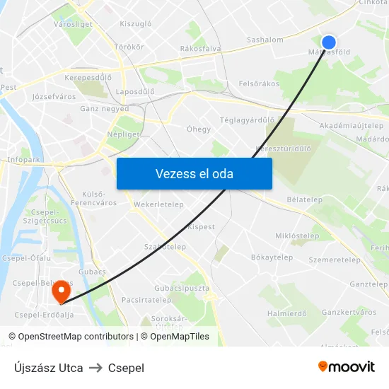 Újszász Utca to Csepel map