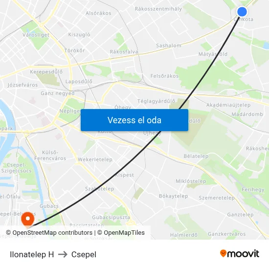 Ilonatelep H to Csepel map