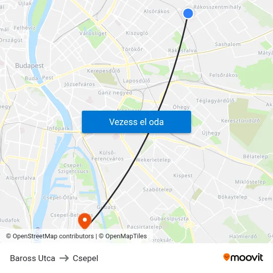 Baross Utca to Csepel map