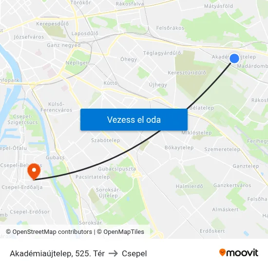 Akadémiaújtelep, 525. Tér to Csepel map