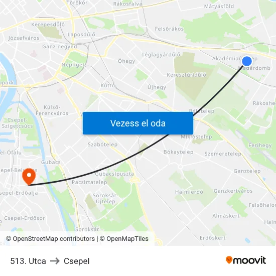 513. Utca to Csepel map