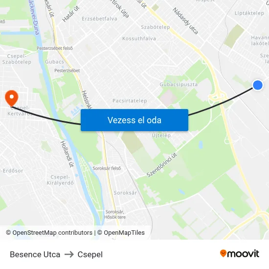 Besence Utca to Csepel map