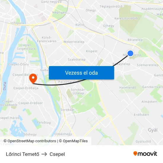Lőrinci Temető to Csepel map