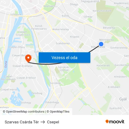 Szarvas Csárda Tér to Csepel map