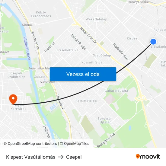 Kispest Vasútállomás to Csepel map