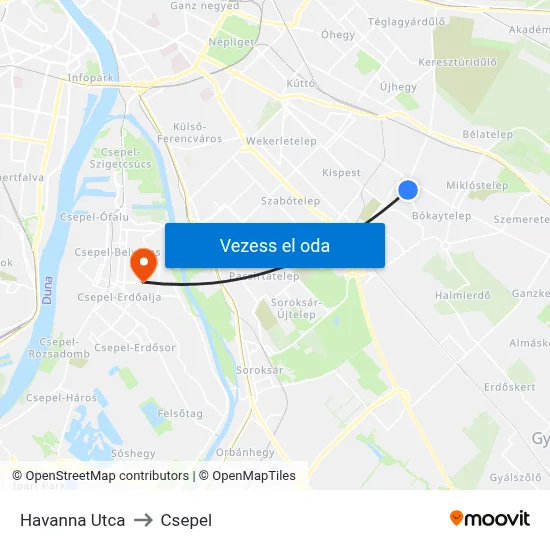 Havanna Utca to Csepel map