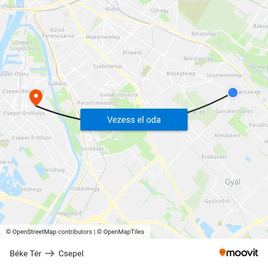 Béke Tér to Csepel map