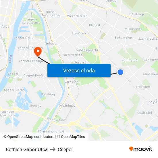 Bethlen Gábor Utca to Csepel map