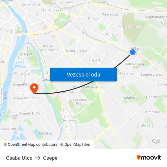 Csaba Utca to Csepel map