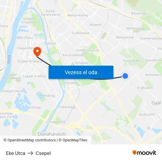 Eke Utca to Csepel map