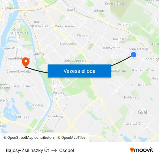 Bajcsy-Zsilinszky Út to Csepel map