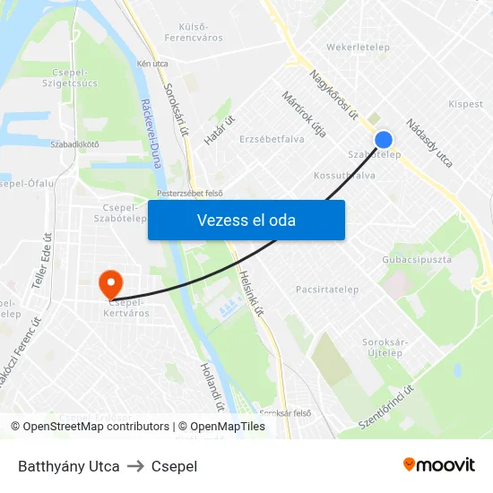 Batthyány Utca to Csepel map