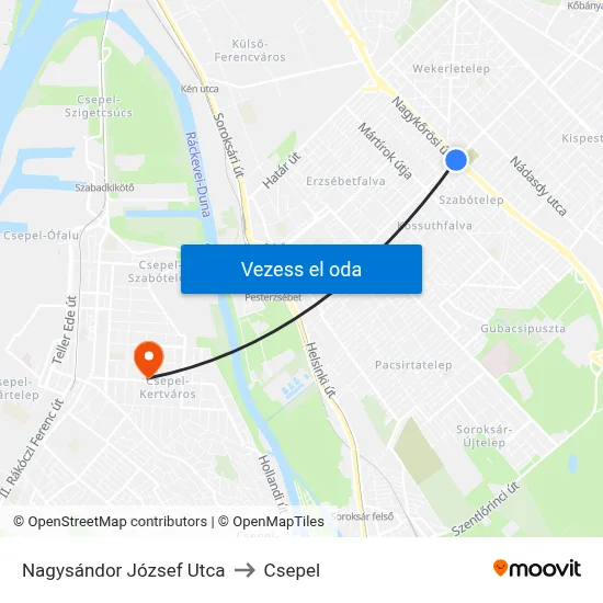 Nagysándor József Utca to Csepel map