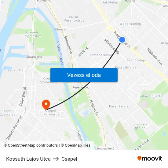 Kossuth Lajos Utca to Csepel map