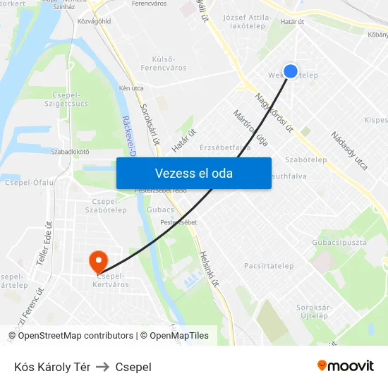 Kós Károly Tér to Csepel map