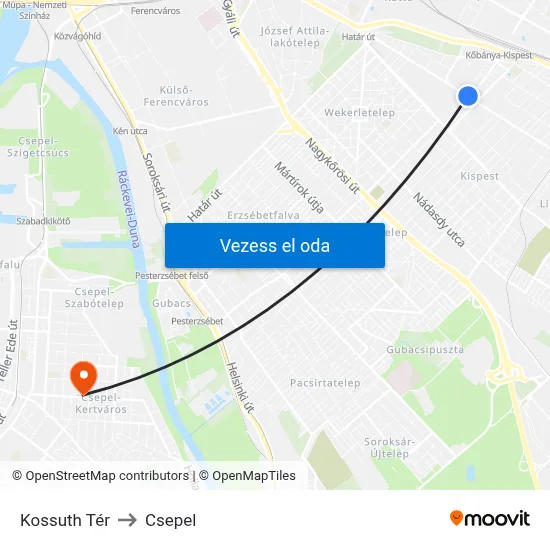 Kossuth Tér to Csepel map