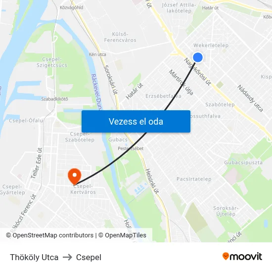 Thököly Utca to Csepel map