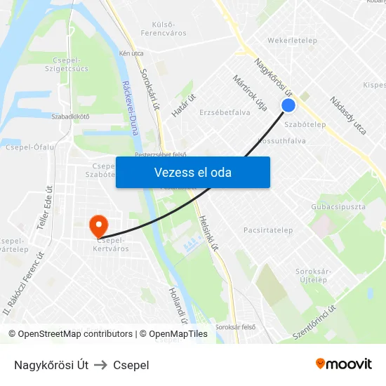 Nagykőrösi Út to Csepel map