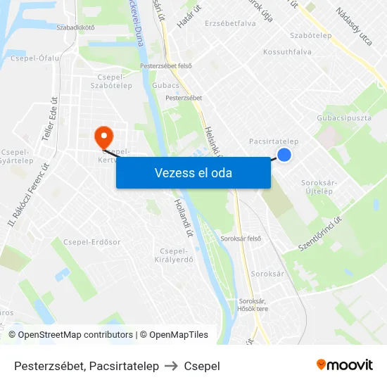 Pesterzsébet, Pacsirtatelep to Csepel map