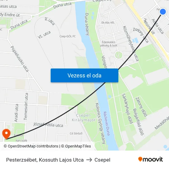 Pesterzsébet, Kossuth Lajos Utca to Csepel map