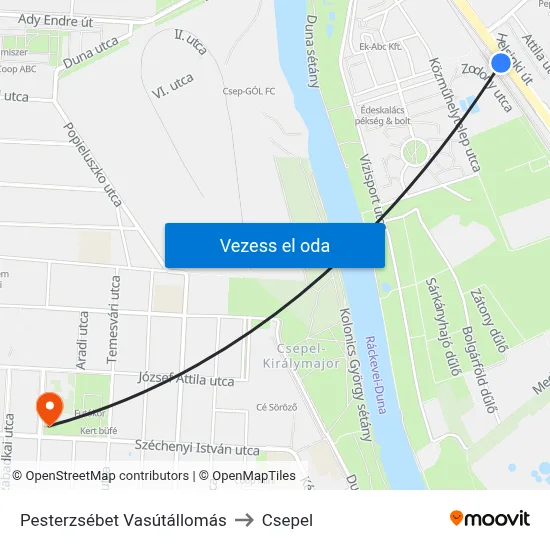 Pesterzsébet Vasútállomás to Csepel map