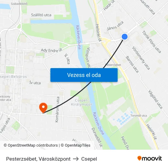 Pesterzsébet, Városközpont to Csepel map