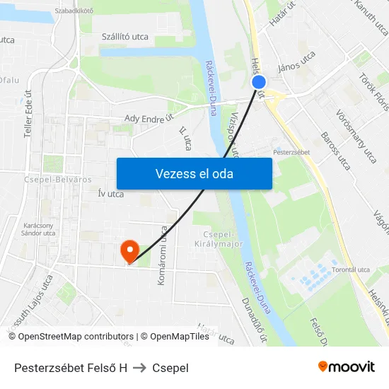 Pesterzsébet Felső H to Csepel map