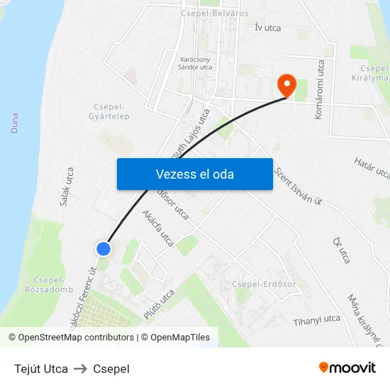 Tejút Utca to Csepel map