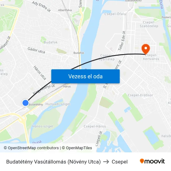 Budatétény Vasútállomás (Növény Utca) to Csepel map