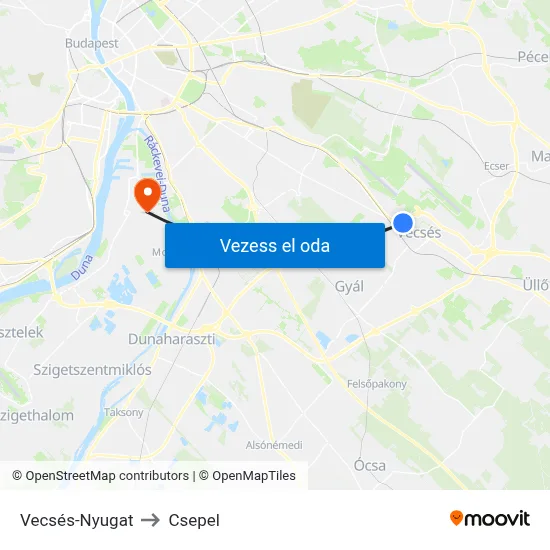 Vecsés-Nyugat to Csepel map