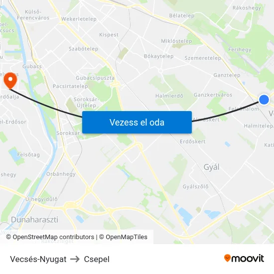 Vecsés-Nyugat to Csepel map