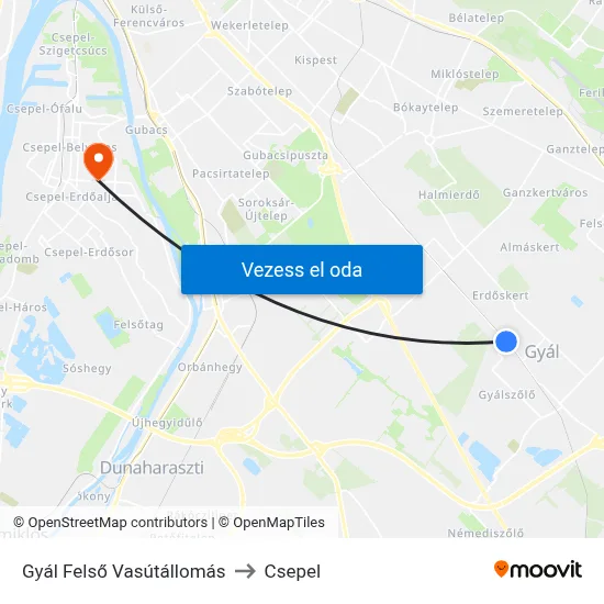Gyál Felső Vasútállomás to Csepel map