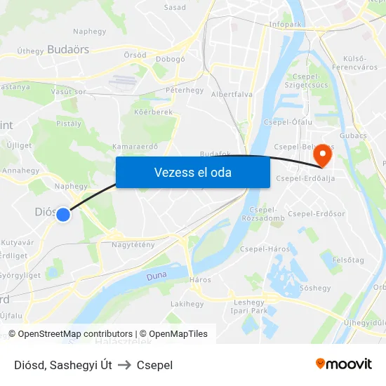 Diósd, Sashegyi Út to Csepel map