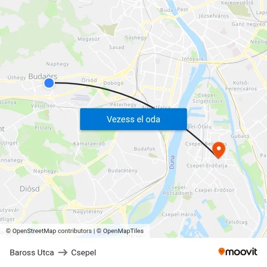 Baross Utca to Csepel map