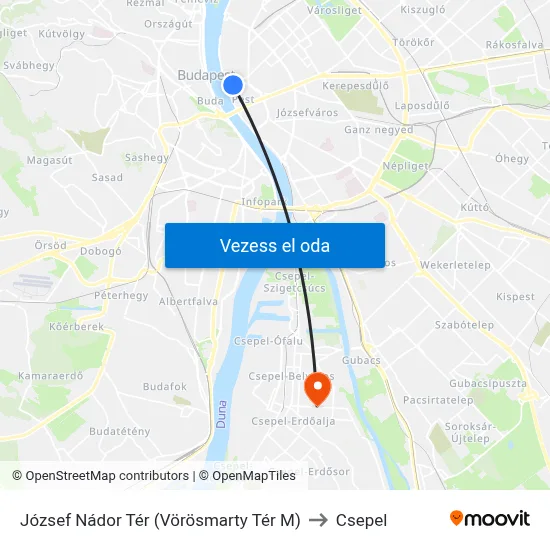 József Nádor Tér (Vörösmarty Tér M) to Csepel map