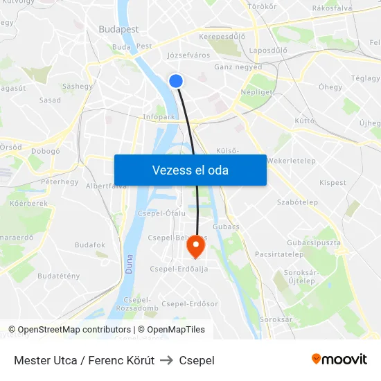 Mester Utca / Ferenc Körút to Csepel map