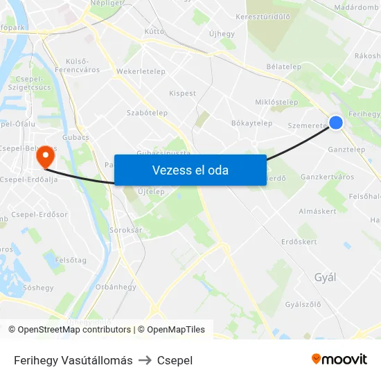 Ferihegy Vasútállomás to Csepel map