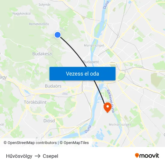 Hűvösvölgy to Csepel map