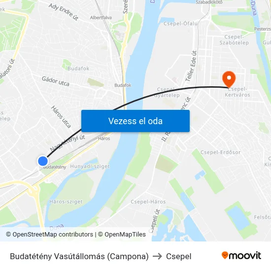 Budatétény Vasútállomás (Campona) to Csepel map