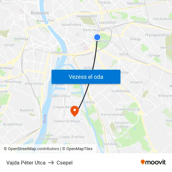 Vajda Péter Utca to Csepel map
